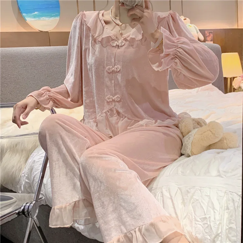 

V-Neck Lace Sleepwear 2Pcs Velour Pyjamas Suit Women Pajamas Homewear Autumn Winter Velvet Nightwear Casual Pijamas Set