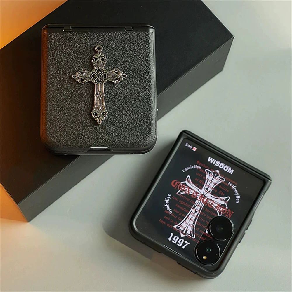 Luxury Trendy Metal Cross Leather Phone Case with Hinge Protection