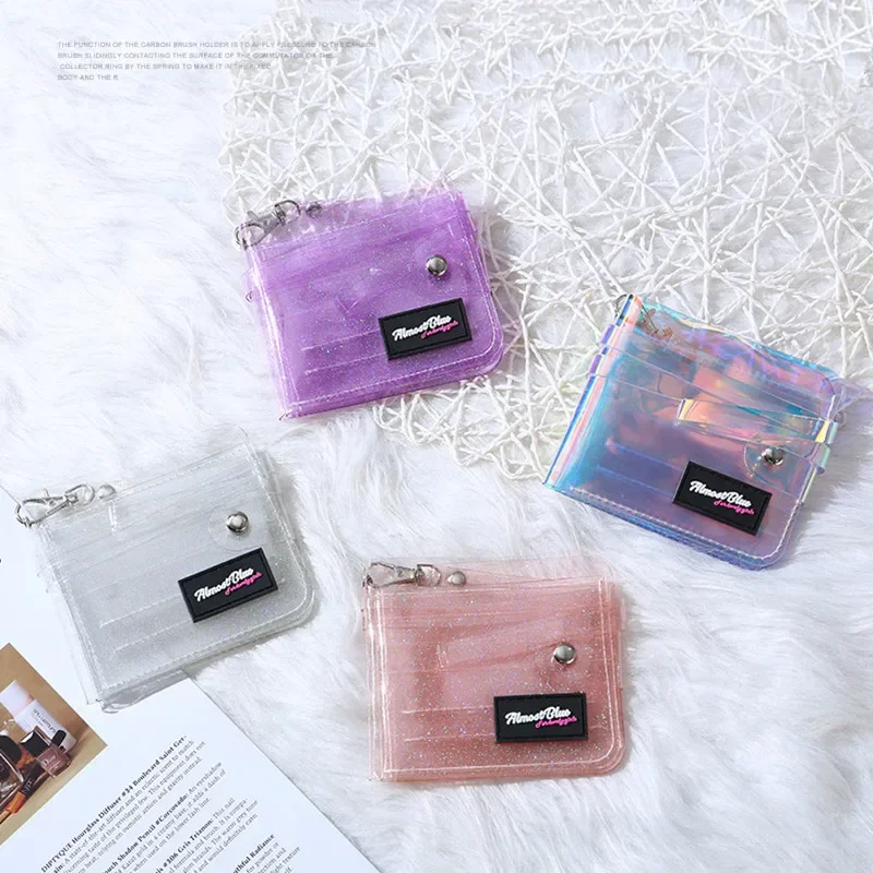 Фото Прозрачный женский кошелек из ПВХ, лазерная прозрачная сумка-желе, Миниатюрный держатель для кредитных карт, прозрачный бумажник, дамские сумочки с ремешком на шею №5