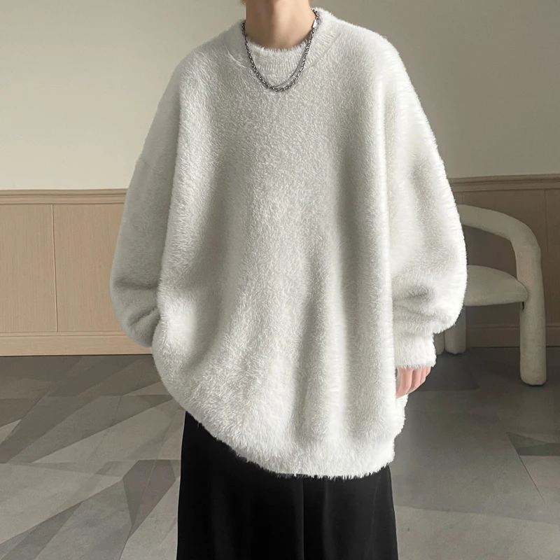 Men's Sweaters Round Neck Solid Color Korean Style Soft Pullovers Loose Casual Winter Knitwear Outwear