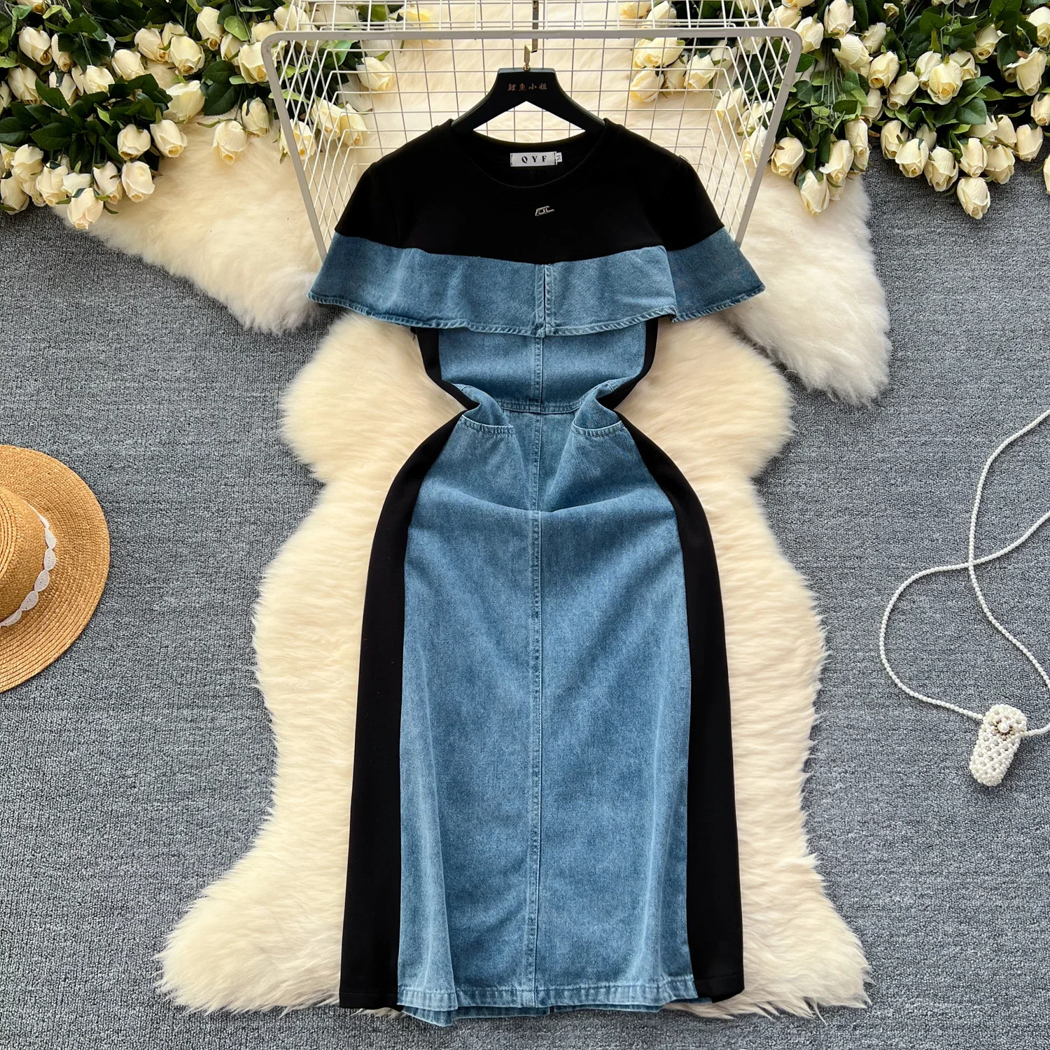 

Elegant Vintage Ruffle Patchwork Denim Pencil Dresses Women Summer Short Sleeves High Waist Slim Party Hip Wrap Dress