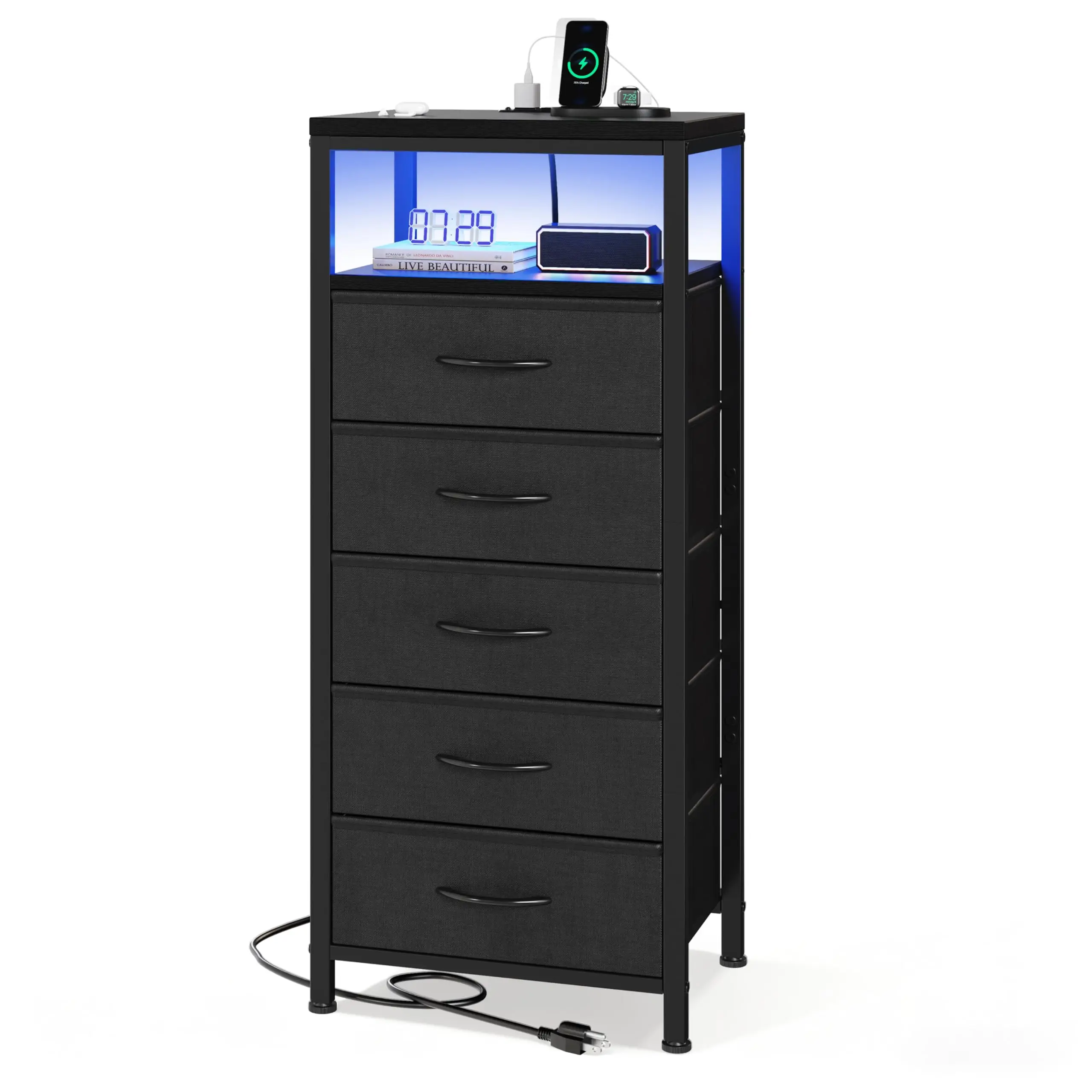 JHK 5 Fabric Drawers Dresser For Bedroom Nightstand with Charging Station and Outlets Adjustable Feet and Variable Light Strip 7