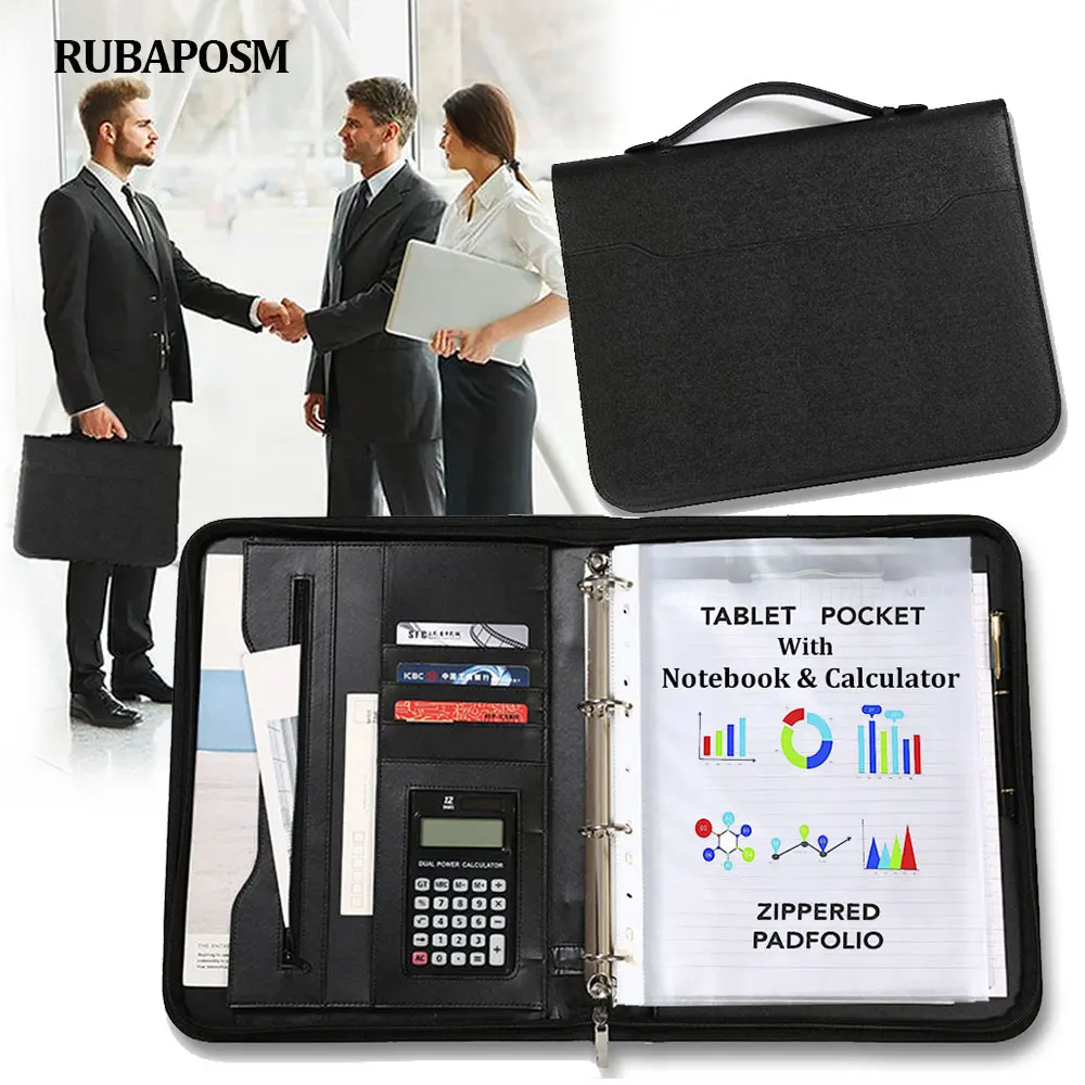 

A4 Leather Portfolio Folder Zipper Padfolio With Handle Binder Calculator Notebook Document Organizer Men Business Briefcase