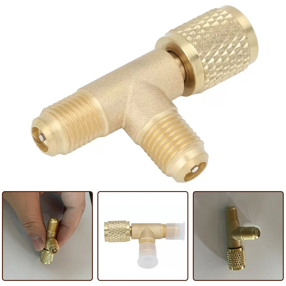 Car Quick Coupler Tee Adapter Valve Core 1/4in SAE Brass Air-Conditioning Quick-Connector T-shaped Adapter 1pc For R22 R12 R134