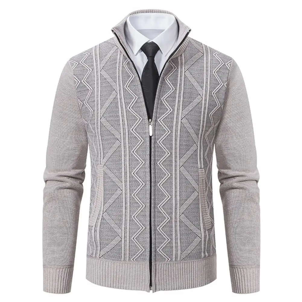 

Cardigan Sweater Men Autumn Stand Collar Long Sleeve Pockets Zipper Placket Knitting Coat Ribbed Trim Wave Pattern Knitting Coat