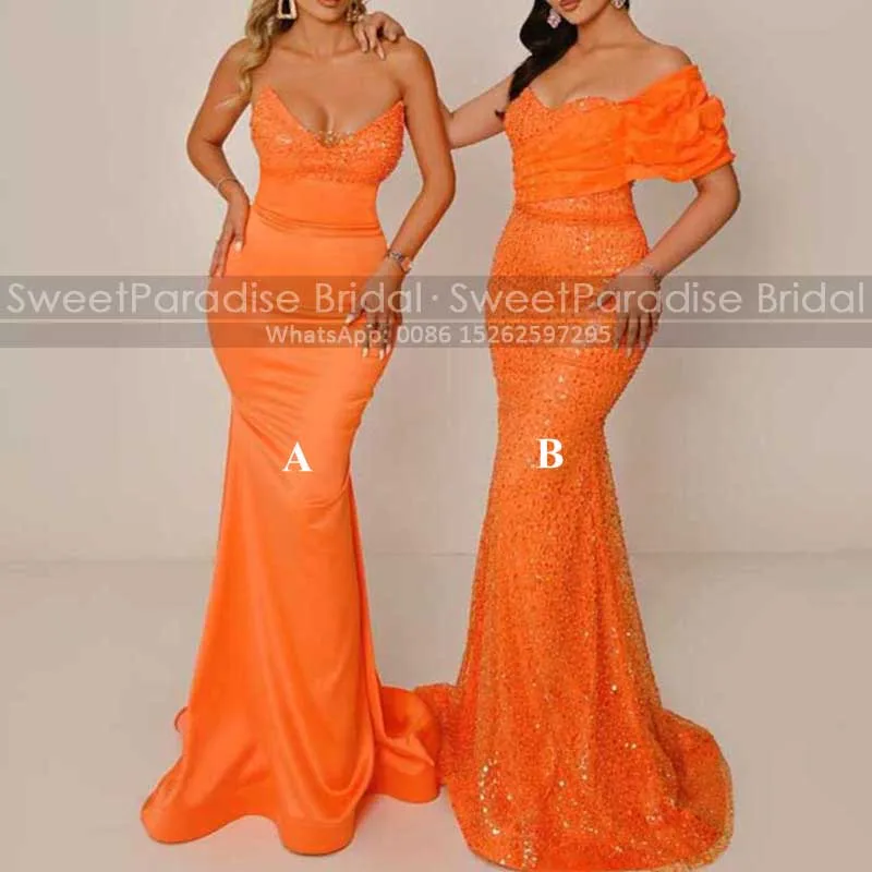 

2024 Sequins Beaded Bridesmaid Dresses Mermaid Long Sweetheart Sleeveless Orange Trumpet Wedding Party Dress Maid Of Honor