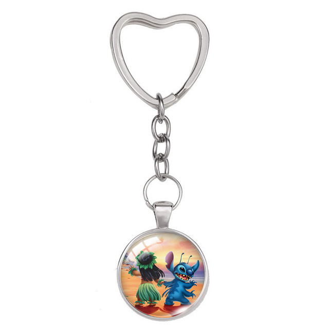 Lilo & Stitch Anime Figure Alloy Glass Heart-shaped Key Ring Key Chain Bag Accessories Children's Toys Birthday Gifts