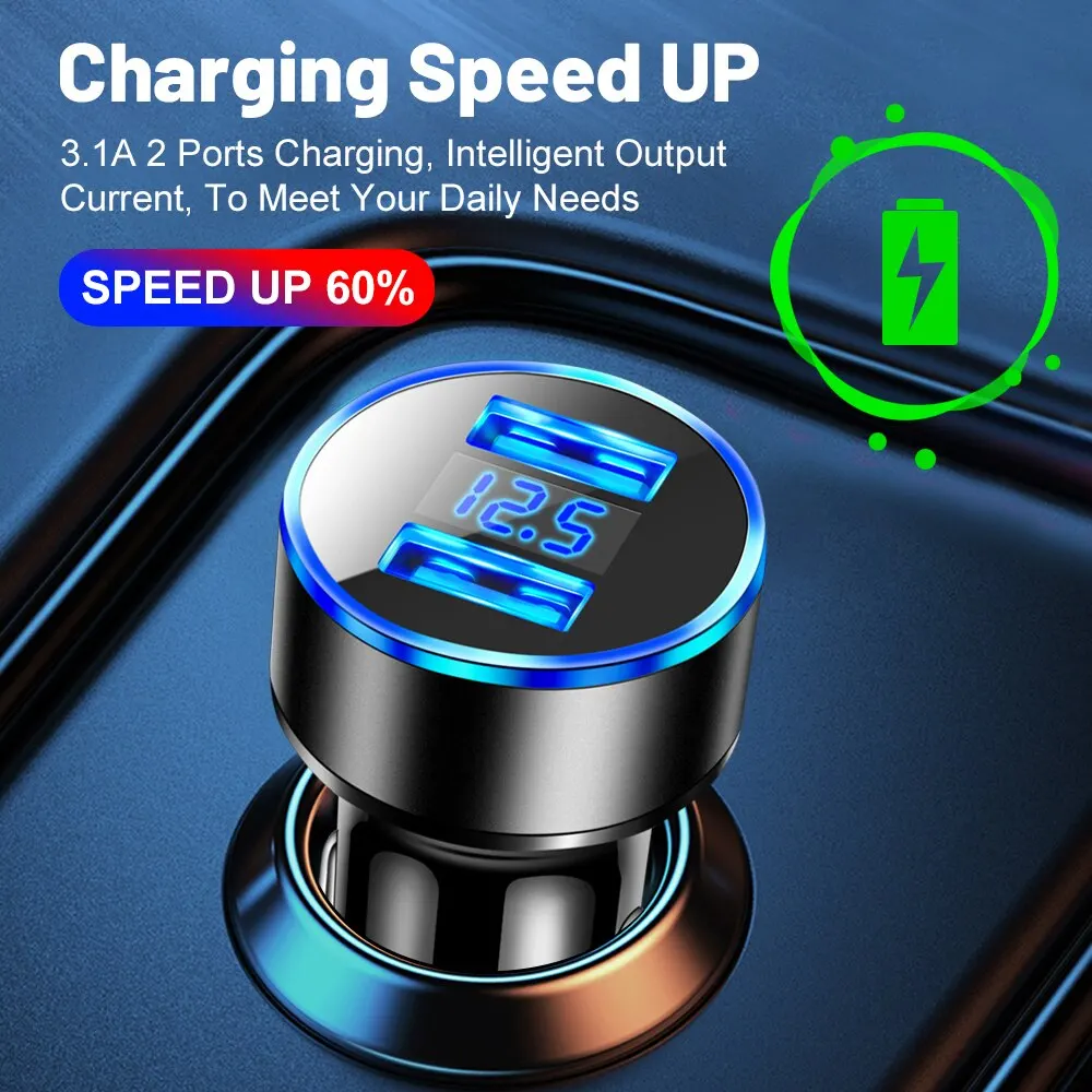 Phone charger Dual USB 12.5V Voltage Display Car Charger Cigarette Lighter Smart Phone USB Adapter Mobile Phone Charger Fast Charging