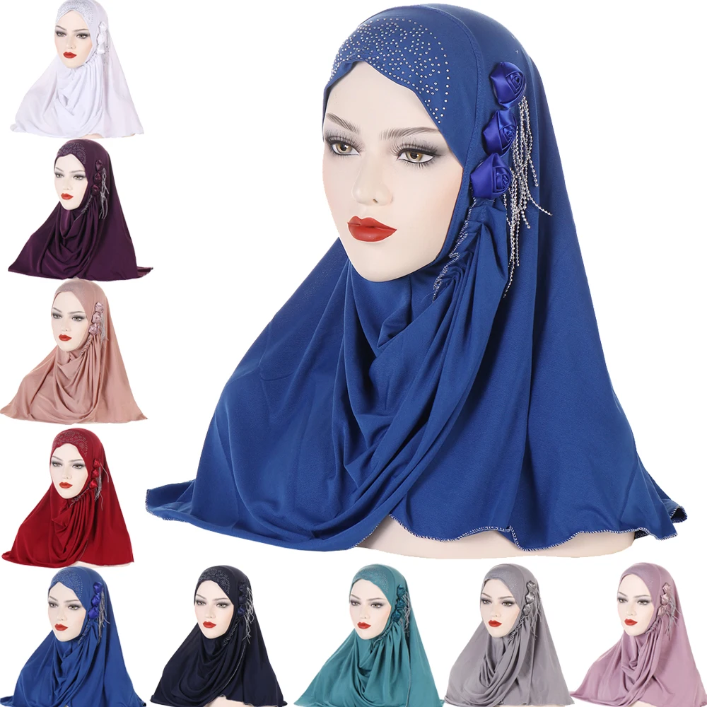 

Muslim Women One Piece Amira Hijab with Flower Tassel Turban Full Cover Islamic Head Scarf Headwrap Prayer Hats Shawl Islamic