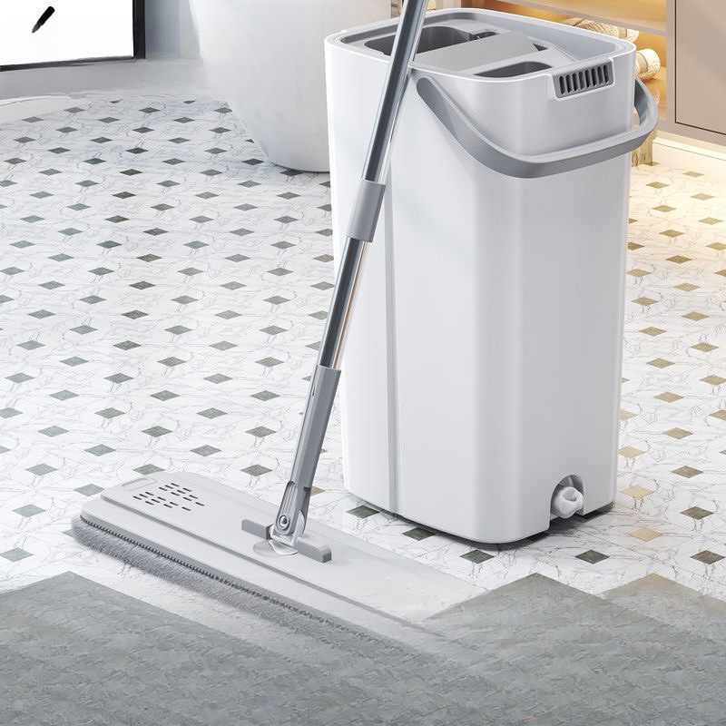 Flat Squeeze Mop with Bucket Hand Free Wringing Floor Cleaning Mop Microfiber Mop Pads Wet or Dry Usage on Hardwood Laminate