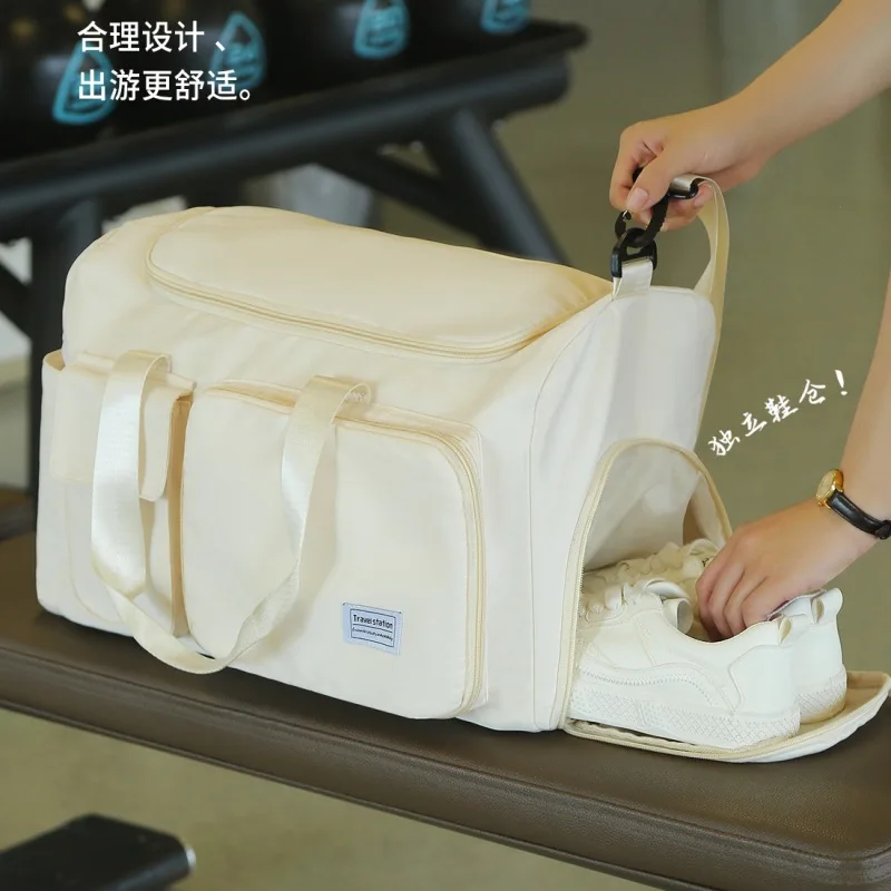 2024 New Travel Women Travel Bags Sports Handbag, Fitness One Shoulder Weekend Overnight Bag, Women's Beige Travel Bag