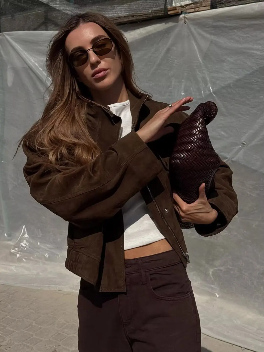 Tidalyf 2025 femmes Faux daim veste col montant à manches longues poche décorative ourlet élastique décontracté Chic automne manteau
