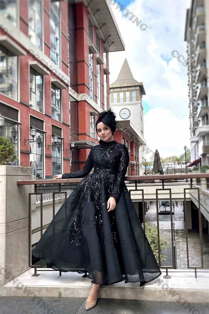 

Black Organza Appliques Muslim Evening Dresses Islamic Long Sleeve Formal Party Gown Arabic Kaftan Women High Neck Hijab Robe