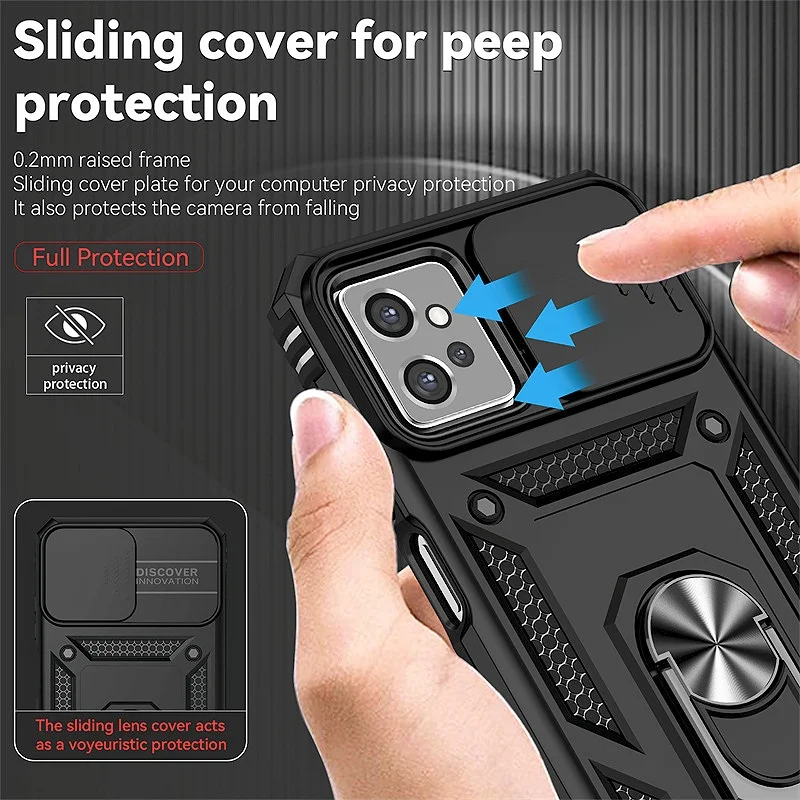 Durable Shockproof Case with Slide Lens Protector and Ring Stand Holder