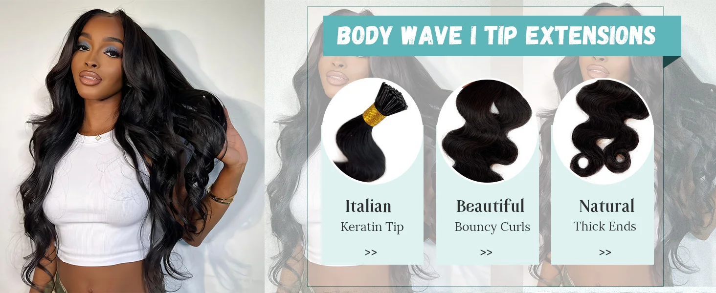 Body Wave I Tip Hair Extensions 50G/100G/150G 100% Unprocessed Human Hair Bundles 16-26Inches I Tip Human Hair Extensions #1B