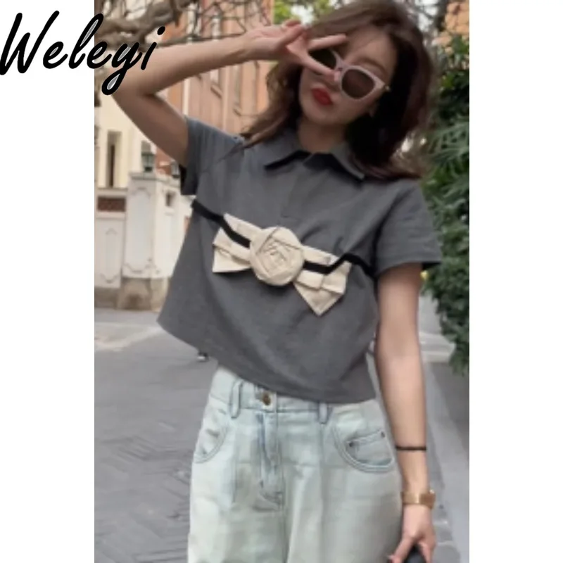 

French Retro Cute T-shirt Woman 2024 Summer Fashion All Matching Three Dimensional Flower Gray Short Sleeve Polo Collar Koszulki