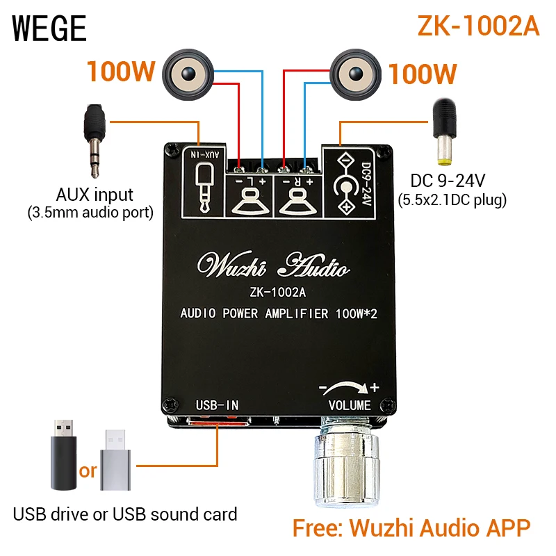 WEGE ZK-1002A 100Wx2 BT 5.1 Audio Digital Power Amplifier Board Stereo AMP 2.0 Channel AUX Home Music Wireless Wuzhi Audio APP
