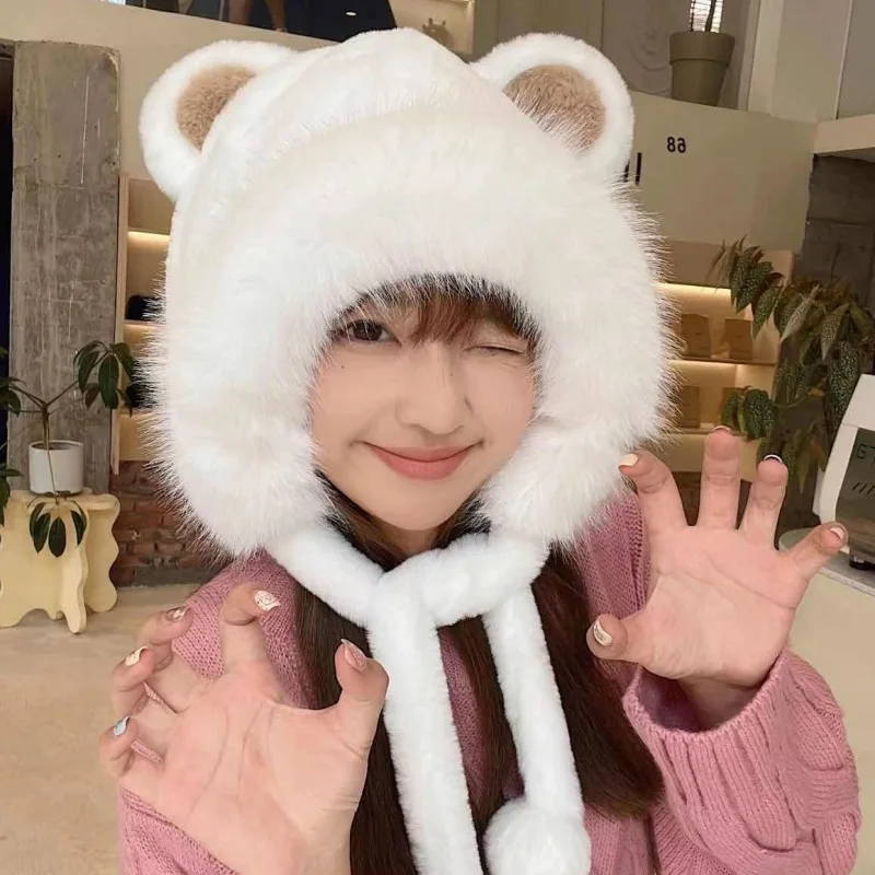 

Cute Bear Ears Fur Hat for Women Winter Warm Plush Thicken Beanie Cap Korean Y2K Girl Bonnet Outdoor Ear Protection Snow Ski Hat