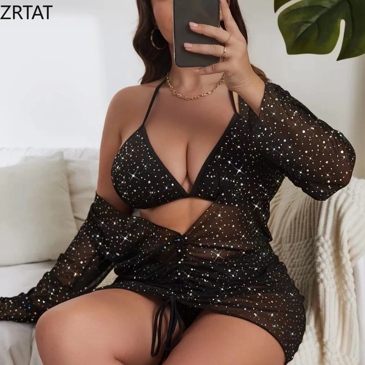 Cross border Large Size Three Piece Set with Hanging Neck and Open Back Sexy and Fashionable Bikini Swimsuit