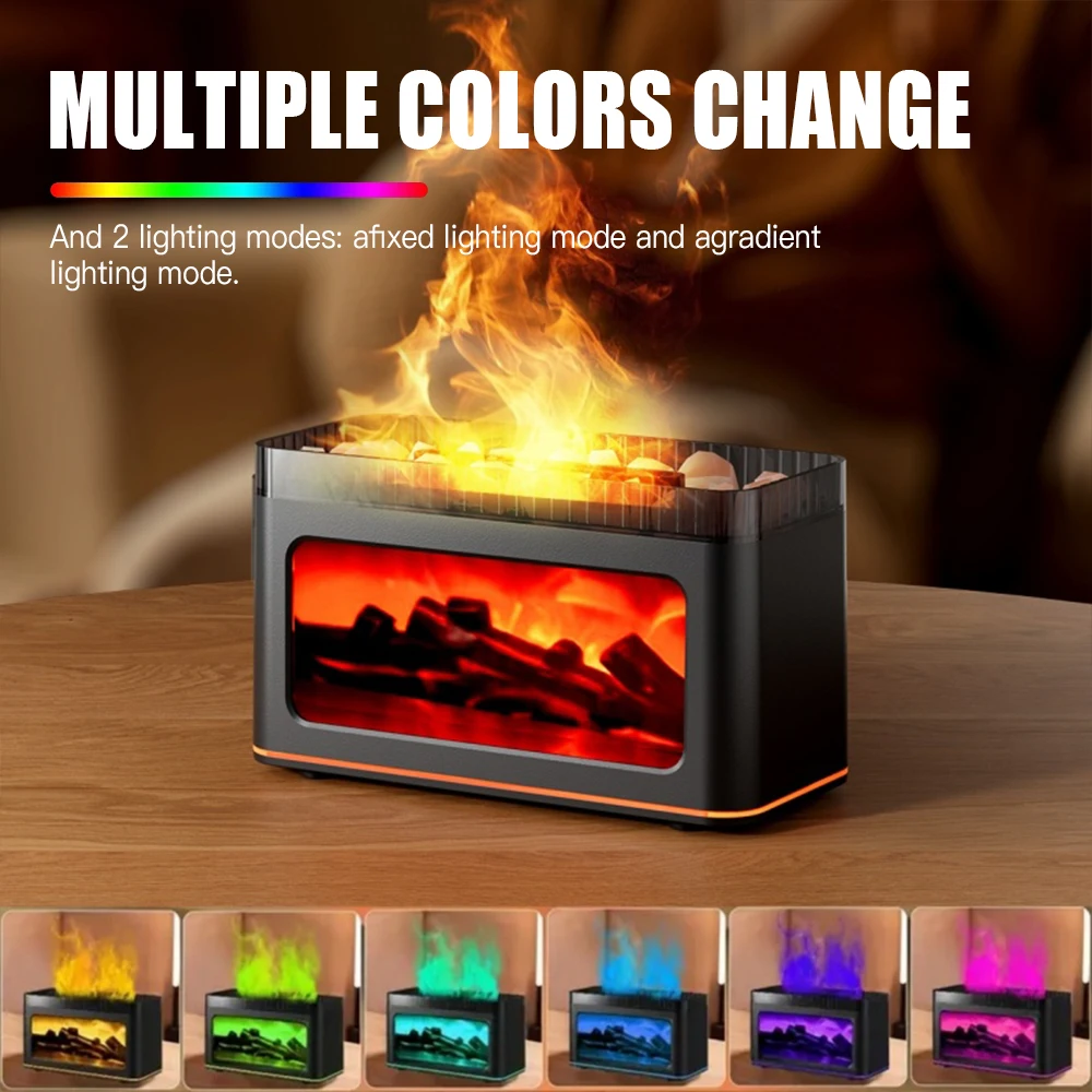 USB Desktop 3D Flame Aroma Diffuser Humidifier 7 Colors Simulation Light Aromatherapy Air Purifier for Bedroom/Essential Oil Set 1