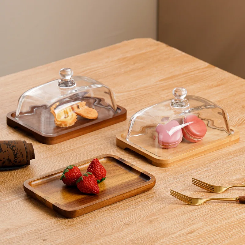 Wood Butter Dish Glass Lid Stick Butter Storage Organizer Cream Cheese Serving Plate Dishes Small Fruits Dessert Cake