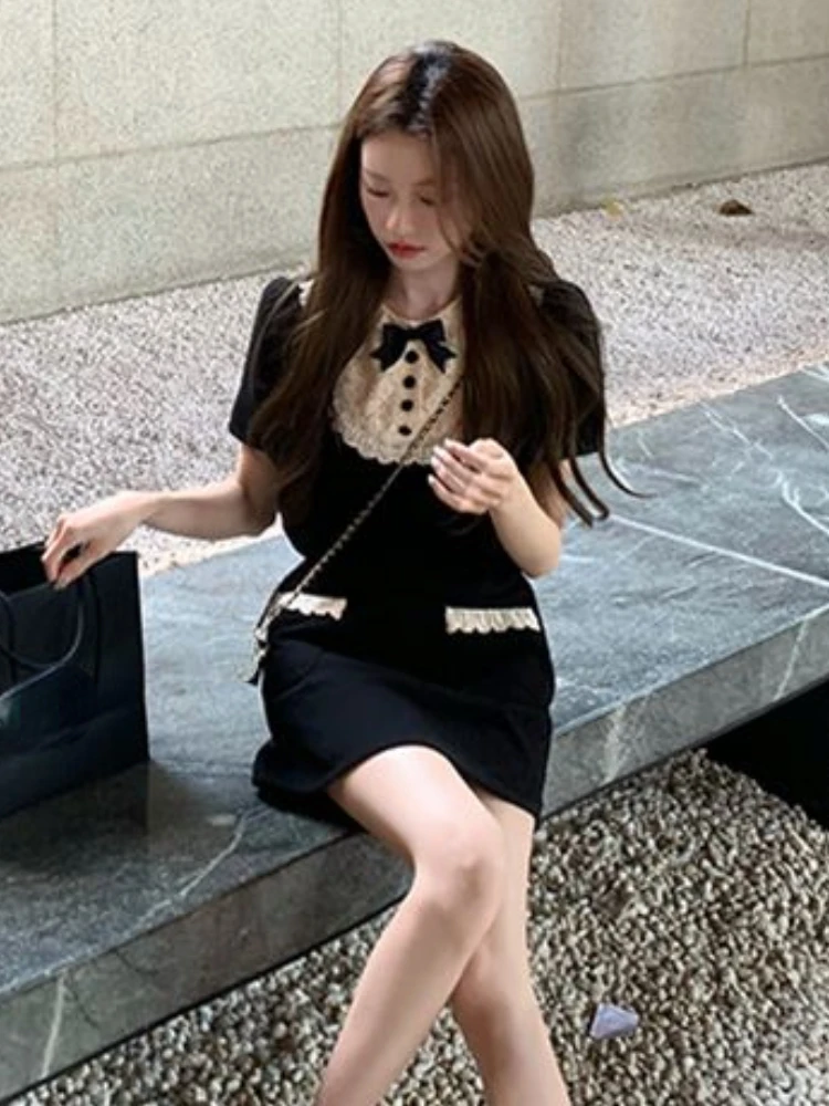 Summer Kawaii Sweet Two Piece Set Women Bow French Vintage Mini Skirt Set Female Lace Retro Korean Fashion Skirt Suit 2023 New