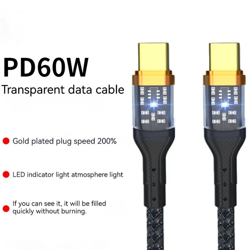 

Pd60W Super Fast Charging Transparent Cable for Apple Huawei Type-C Mobile Phone Charging Led Braid Data Cable Anti-Break