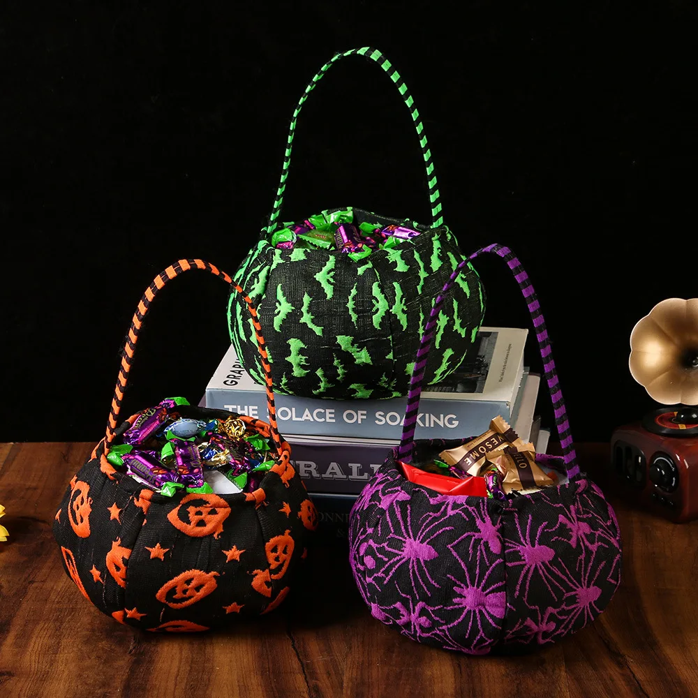 Halloween Trick-or-Treat Bag Pumpkin Bat Spider Skull Head Kids Candy Bucket Goodie Bags Suitable Multi Function Handle Basket