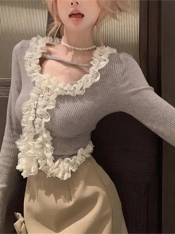 

Новый кружевной топ, тонкий вязаный женский пуловер с длинным рукавом, модный романтичный Элегантный Нежный Прозрачный очаровательный стиль, милый DWKY