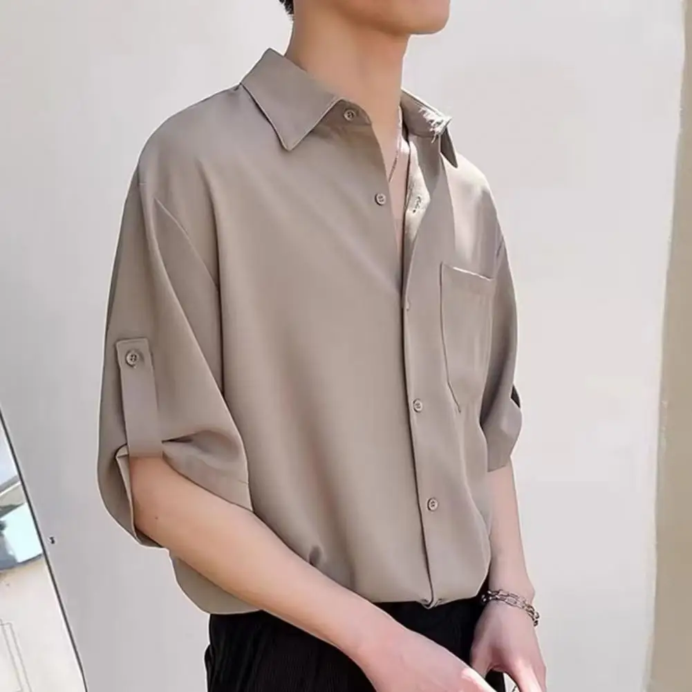 

Korean Style Lapel Shirts for Men Half Sleeve Single Breasted Pocket Loose Solid Color Casual Shirts Streetwear camisas y blusas