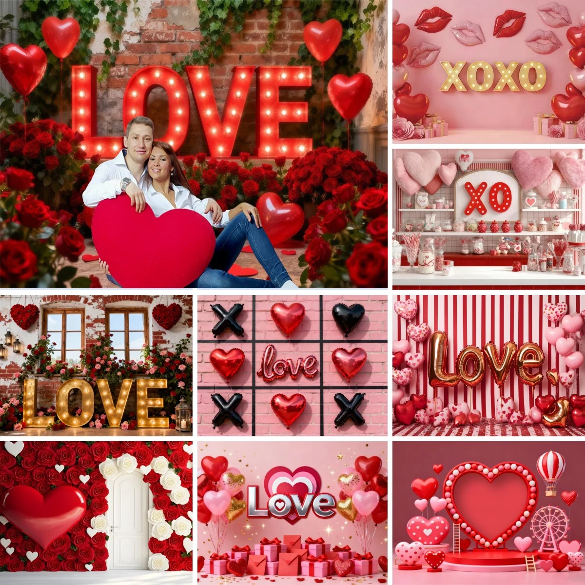 Valentine's Day Photography Backdrop Heart-shaped Balloons Roses Big Love February 14th Couples XOXO Portrait Photo Background 1