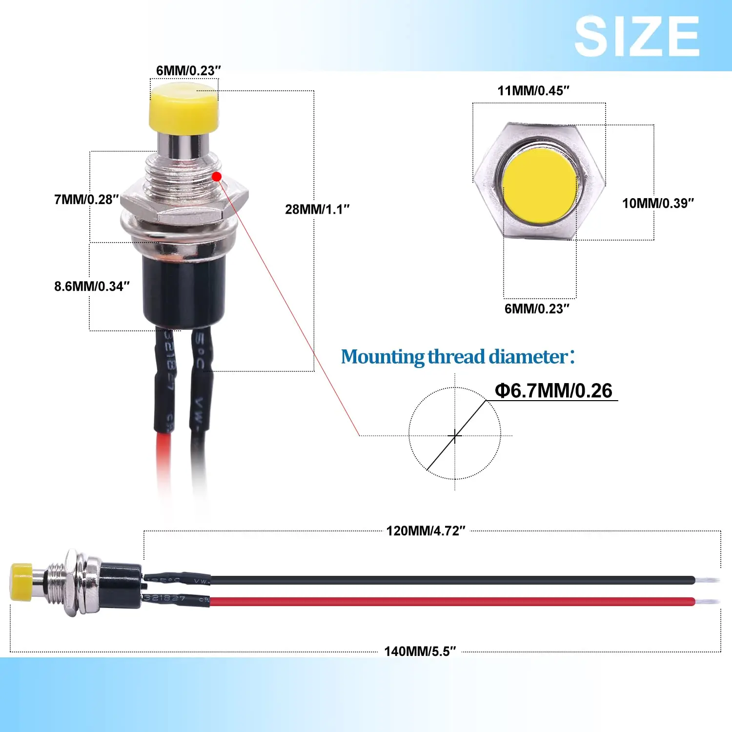 Interrupteur Bouton-poussoir Momentané 1A/250V - 10 Pièces Précâblées Avec Fils 20 Cm, Pour Circuits électroniques, PC, Voiture - 6