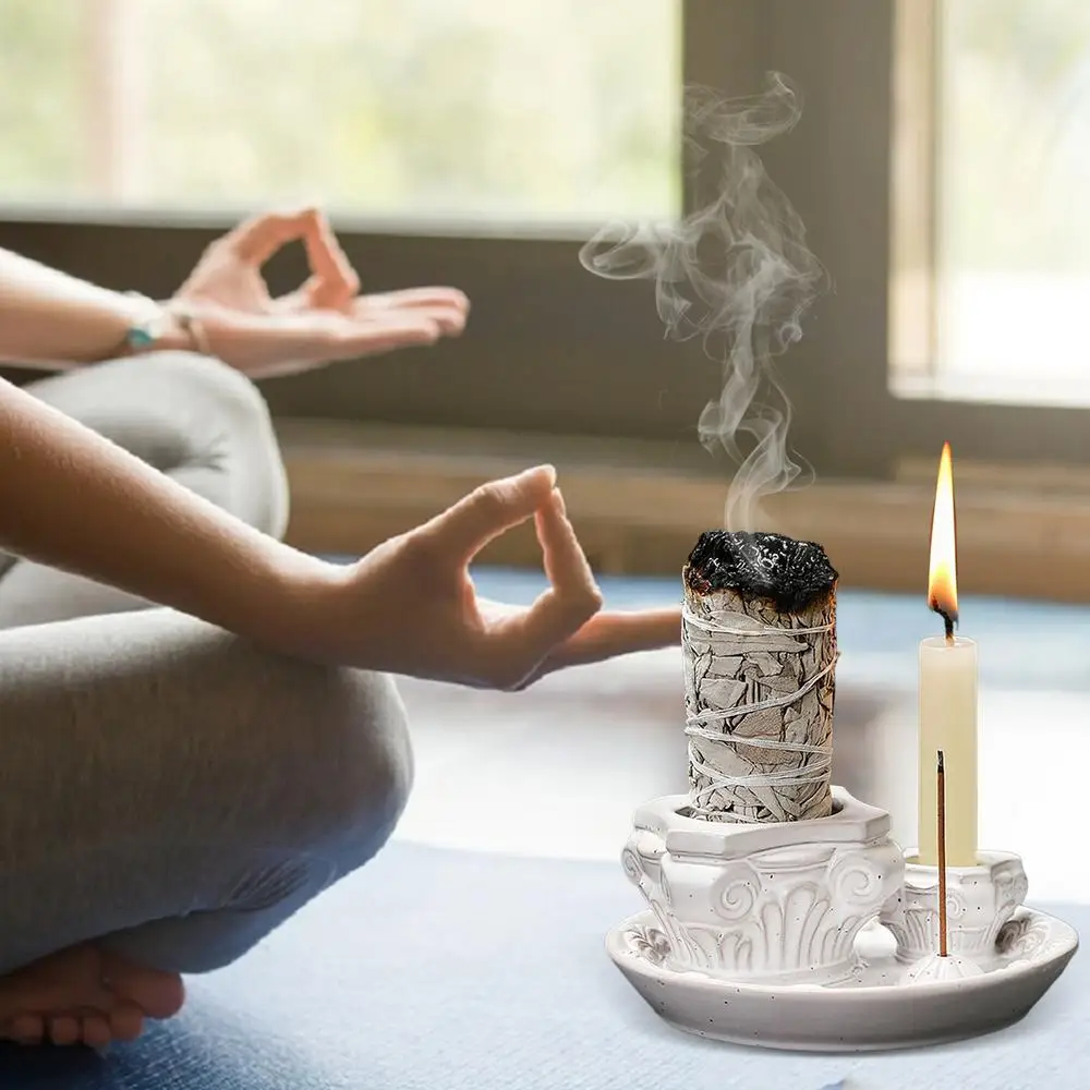 4 In 1 Ceramic Incense Burner Holder Santo Holder Multifunction Candle Santo Burner for Burning Ceramic Ash Catcher Tray