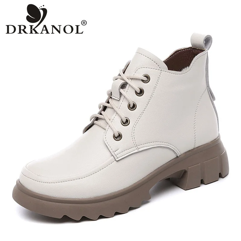 

DRKANOL Autumn Winter Women Ankle Boots Lace-Up Thick Heel Platform British Style Solid Color Casual Warm Leather Shoes Female