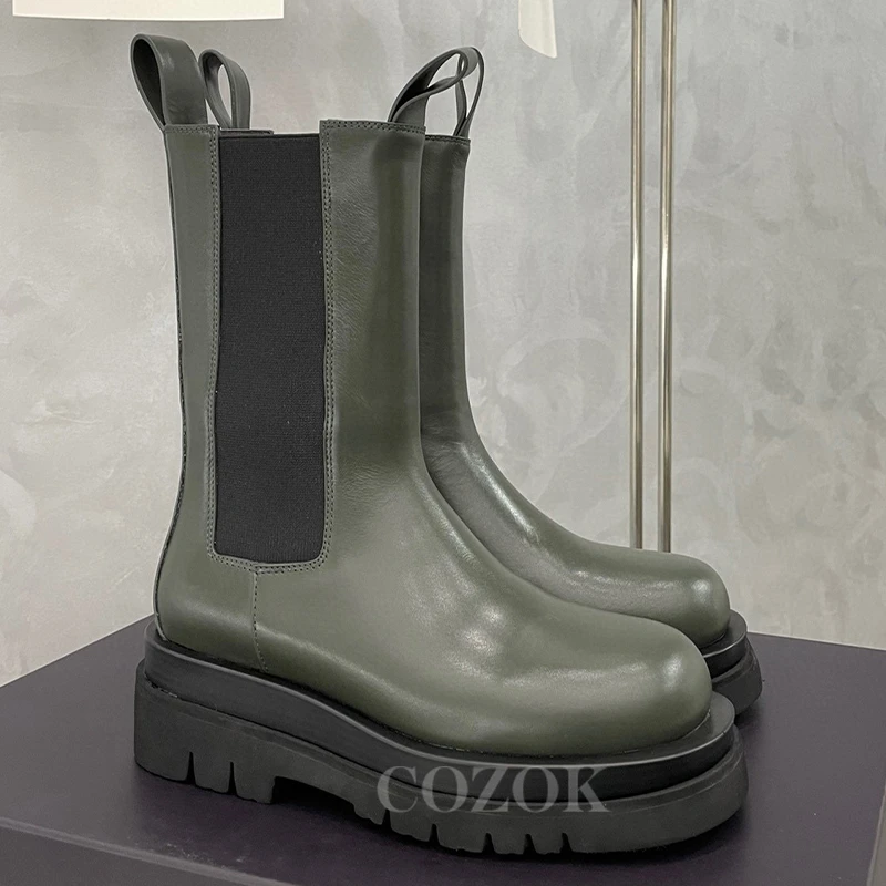 

Autumn Ladies Round Toe Leather Boots New Comfortable Foot Feel Platform Ankle Boots Non-slip Height Increasing Female Shoes