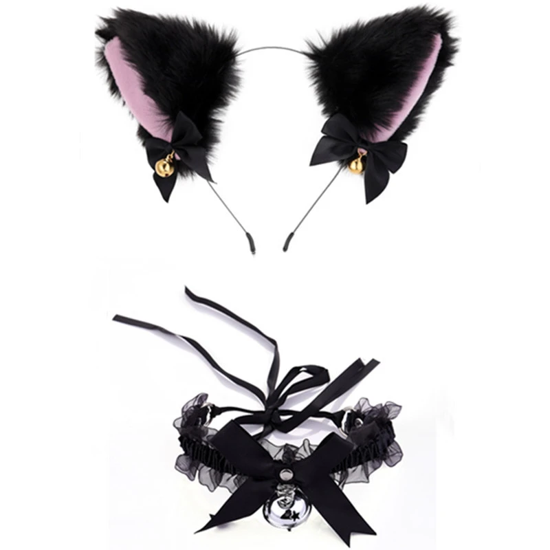 Cat Ears Bell Headband Lace Collar Set Christmas Cosplay Sexy