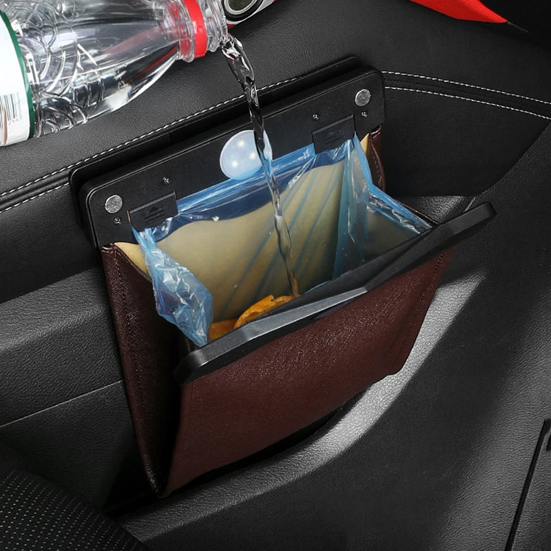 Car Trash Can Front-Row Hanging Garbage Bin Pu Leather Foldable Storage Co-Pilot Trash Bag Auto Organize Interior Accessories car storage bag,car trash can,car trash bag