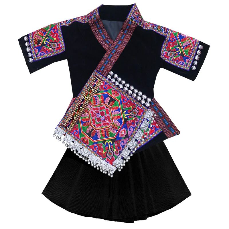 

Одежда Hmong для китайских народных танцев, весна-осень, топы, юбка, костюм с вышивкой для выступления на сцене, одежда Miao, праздничный наряд