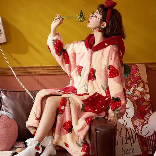 여성용 딸기 잠옷, 겨울 플란넬, 달콤한 후드 잠옷, 따뜻하고 귀여운, 느슨한, 아늑한, 두꺼운 패션, 부드러운 잠옷 3