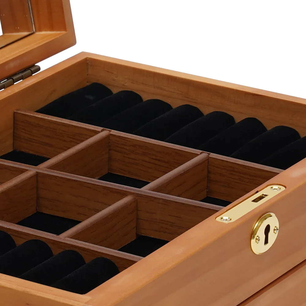 Schmuckschatulle aus Holz, 3-stufiger Organizer mit Schloss, Vintage-Stil mit Spiegel für Schlafzimmer, Ankleidezimmer, Ring, Ohrring, Halskette, Aufbewahrung – Detail 4