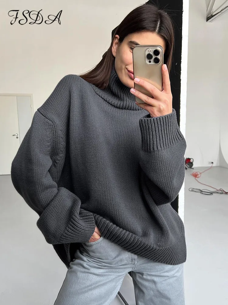 FSDA Autumn Winter Gray Turtleneck Knitted Sweater Women Long Sleeve Oversized Pullover Casual Loose 2022 Soft Jumper