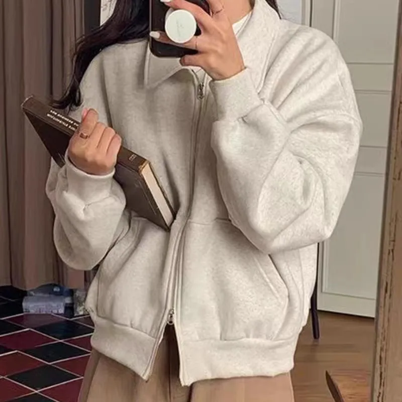 

Осеннее Женское пальто, свободная двухсторонняя куртка на молнии с отложным воротником, утепленная толстовка с длинным рукавом, зимние шикарные женские повседневные куртки