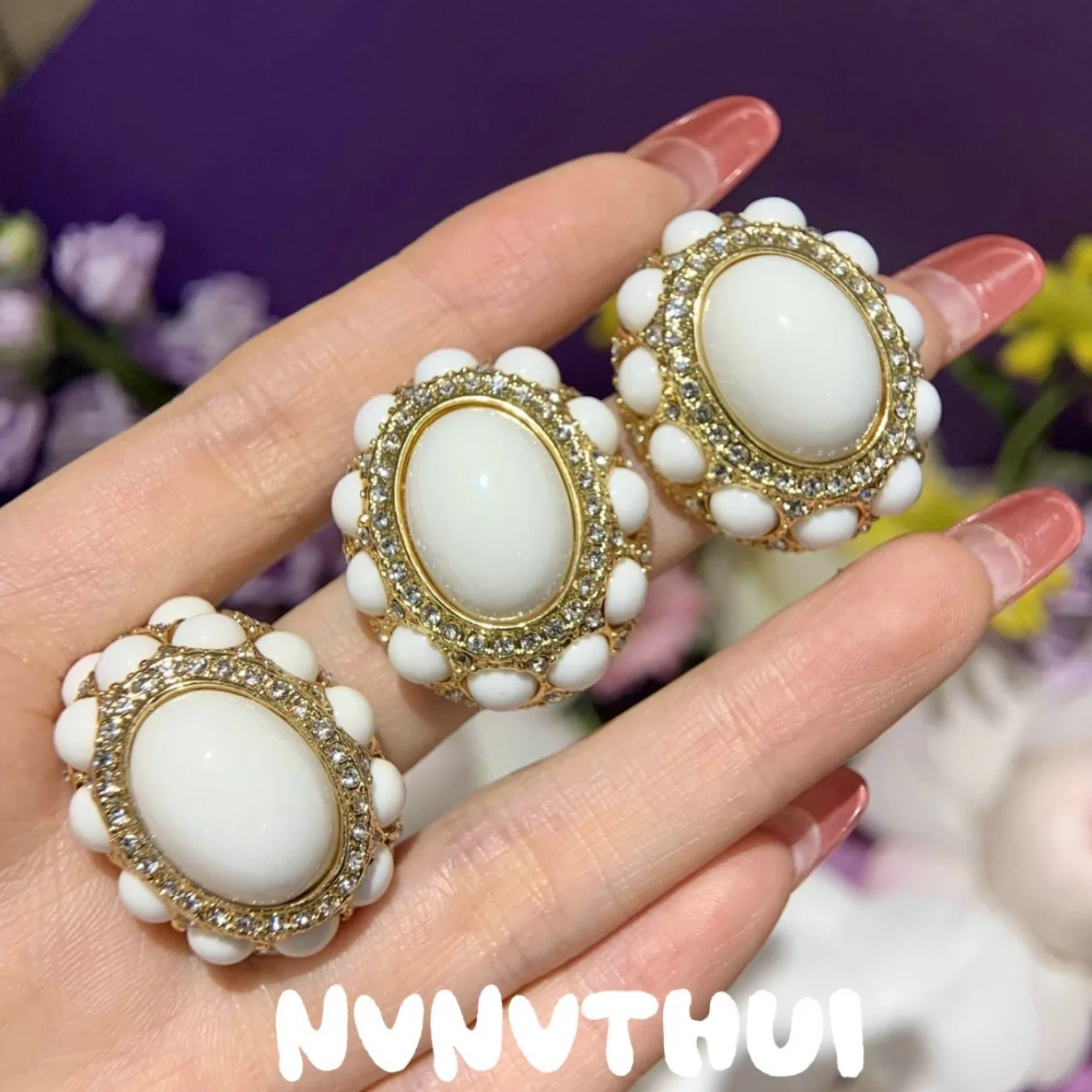 Women Flower Gemstone Earrings Vintage 18K Gold Plated Cream Rose Zirconia Ring 6