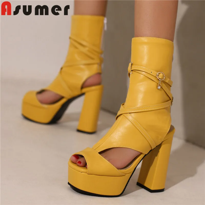 

ASUMER 2023 Plus Size 34-50 New Pu Slingbacks Mid Calf Boots Zipper Ladies Peep Toe Summer Boots Thick High Heels Platform Shoes