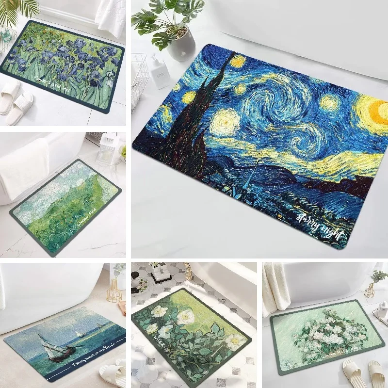 

Oil Painting Starry Sky Floor Mat Printed Diatom Mud Absorbent Bath Mat Non-Slip Toilet Rug Kitchen Carpet Tatami Door Mat