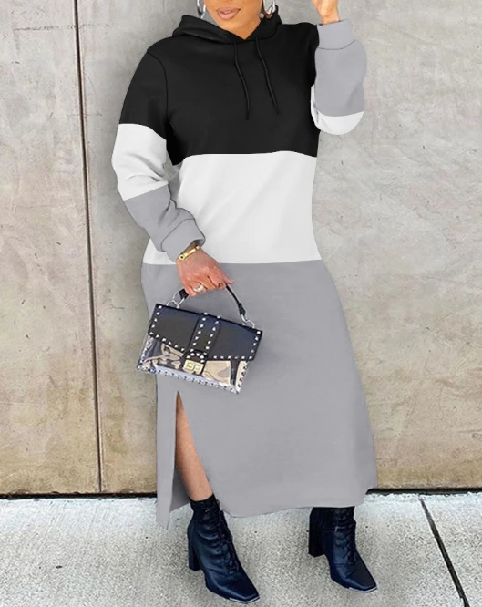 

Women's Straight Tube Pullover Dress 2024 Autumn/winter Patchwork Contrasting Hooded Dress Casual Long Sleeved One Step Dress
