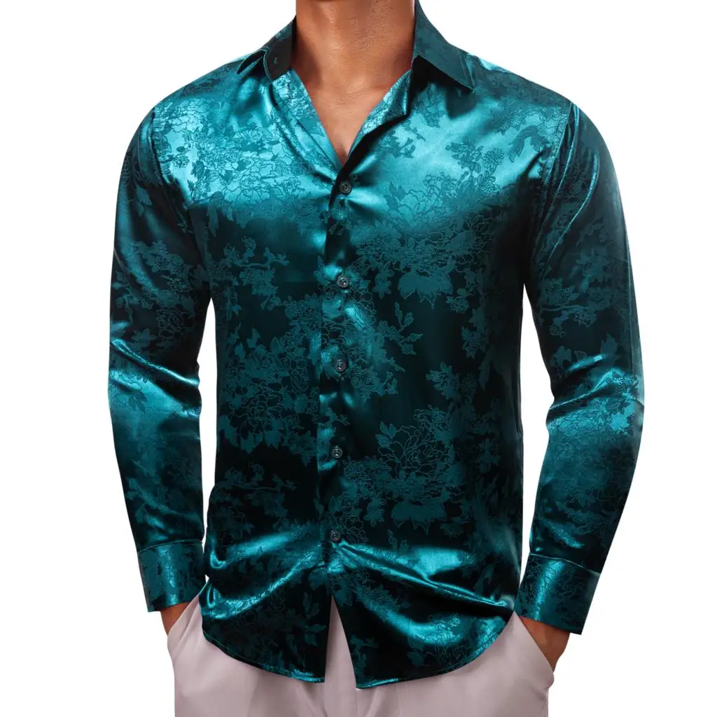 Camisas de seda de lujo para hombre, blusa ajustada de manga larga con estampado Floral, color verde liso, ropa de calle informal, Barry Wang