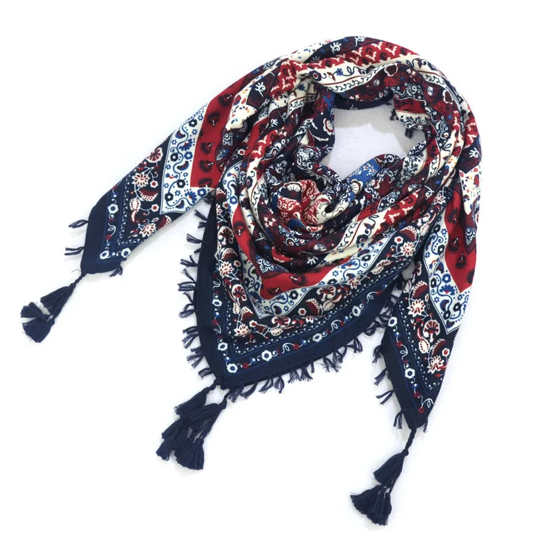 Bohemian Scarf Women Winter Wrap Shawl Retro Floral Tassel Female Scarf Big Square Scarf Cotton Foulard Handkerchief 3