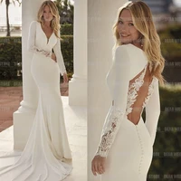Sexy Elegant Wedding Dresses Woman's Mermaid Long Sleeve Train Sexy V Neck Backless Satin Bride Gowns Vestidos Novia Customized 1