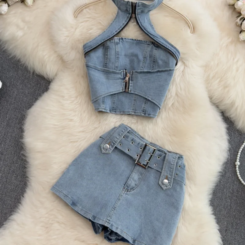 

Denim Short Skirt Set Open Back Spicy Girl Spring Summer New Vintage Hanging Neck Sexy Party Short Top Half Two Piece Set